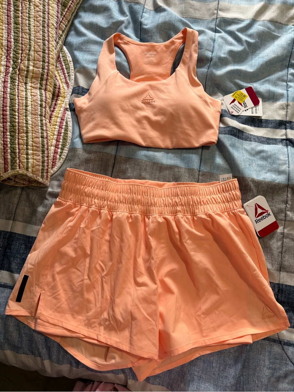 Reebok Coral Peach Sports Bra and Shorts Set brand new